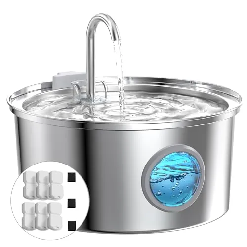 Fuente para Gatos Acero Inoxidable: Bebedero Gatos Automatico - 3.2L Fuente Gato - Fuentes de Agua para Gato Silencioso - Dispensador Mascota - Dispensador Agua Perros - con 6 Filtros + 3 Esponjas