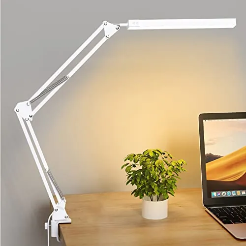 SKYLEO Lámpara Escritorio LED - Flexo LED Escritorio Potente con clip - Protección ocular Lampara LED Escritorio - 3 modos de luz X 10 niveles de brillo - Blanco