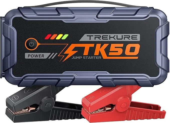 TREKURE Arrancador de Baterias de Coche 8000A (12L Diésel y Todo Gasolina), Arrancador de Coches Portátil con 18W Carga Rápida, 12V Jump Starter con Pinzas Reforzadas y 800 LM Linterna LED