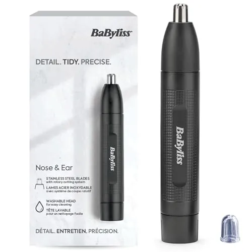 BaByliss Recortadora para Nariz y Orejas - Sistema de 2 cuchillas precisas, Funciona con pilas, Acero Inoxidable, Accesorios extraíbles de fácil limpieza, Regalo para hombres, Negro, E650E