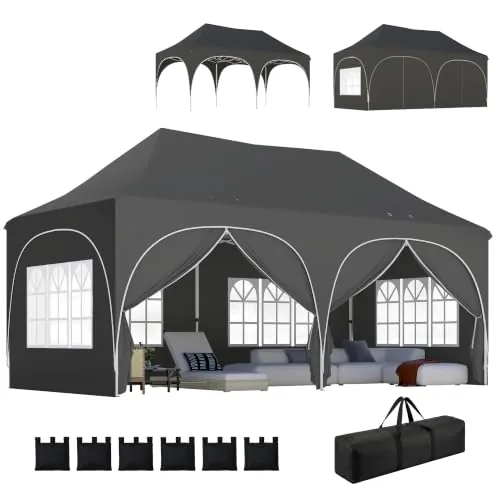 Outsunny Carpa Plegable 6x3 m Pop-up 6 Laterales Extraíbles Gris Oscuro