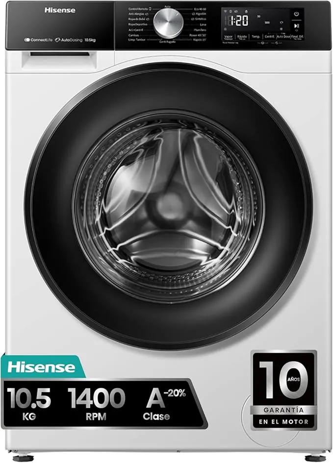 Hisense WF3S1045BW3 - Lavadora, Clase A, 10.5 kg, Auto Dosificación, Conectividad WiFi, Monitor de Consumo, Hygiene Guard, Función Vapor 99.9%, Lavado Rápido, PureJet, Blanco