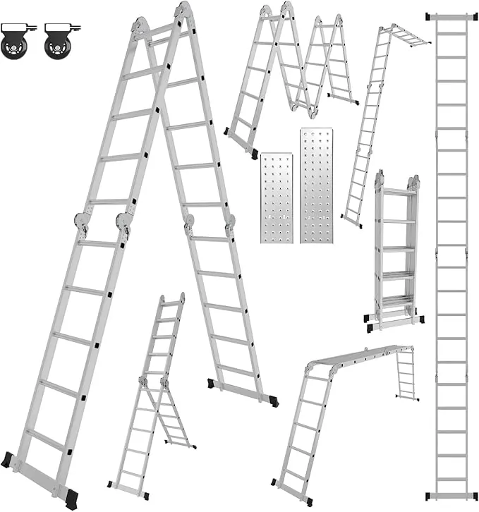 Escalera Multifunción de Aluminio 7 en 1 - 5,82 m, 4 x 5 Peldaños, 2 Placas de Andamios, 2 Ruedas - Plegable, de Trabajo, Doméstica - Hasta 150 kg