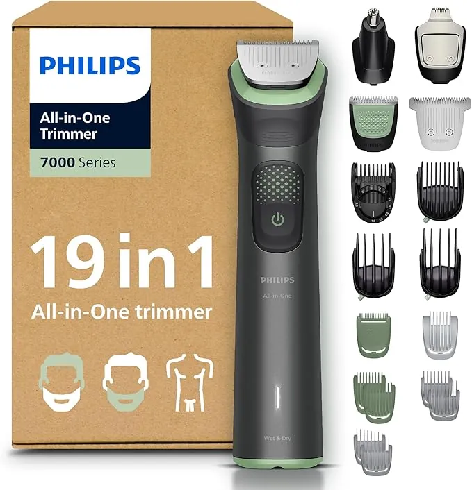 Philips Recortadora todo en uno de 19 en 1 Serie 7000 - Afeitadora y cortapelos hombre para rostro, cabeza y cuerpo, cuchillas de acero autoafilables, 26 longitudes, recargable, MG7962/30