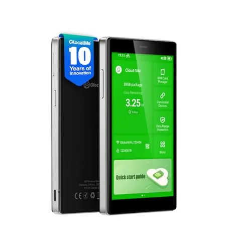 GlocalMe G4 Pro WiFi portátil, Móvil 4G LTE con 1GB de Datos globales, No SIM, Pantalla táctil de 5", hasta 10 Dispositivos conectados, 2.4GHz/5GHz, Viajes internacionales a más de 200 países (Negro)