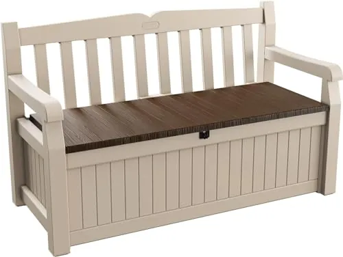 Keter Eden - Banco arcón Exterior, Baúl almacenaje, Capacidad 265L, Resina, Color Marrón y Beige, Ordenación jardín y terraza, 140 x 60 x 84 cm