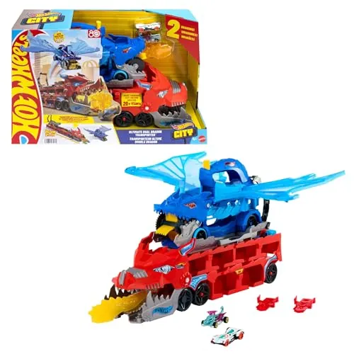 Hot Wheels City Ultimate Dual Dragon Transporter y 2 Coches