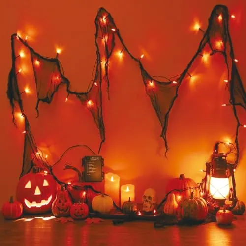 Guirnalda decorativa de Halloween naranja con gasa negra, 3 m, 30 LED, funciona con pilas, 8 modos y temporizador, IP65, resistente al agua, iluminación de Halloween, interior y exterior, para