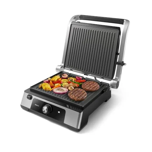Philips Grill Eléctrico 5000, Amplia Superficie, Temp. Ajustable, 2200W | Grill de mesa con temperatura y altura ajustables, fácil limpieza, calentamiento rápido, apertura 180° (HD6301/90)
