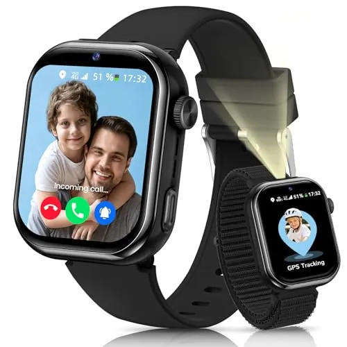 4G Reloj Inteligente Niños GPS, Videollamada, Llamadas, Linterna, Negro
