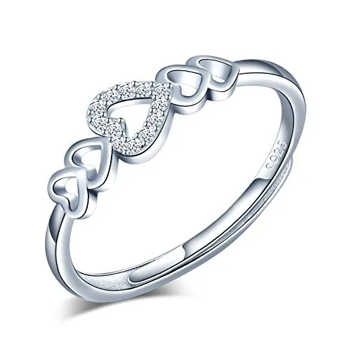 Yumilok Anillo de plata 925, anillo ajustable para mujer y niña, anillo de compromiso abierto, elegante anillo de corazón, circonita cúbica con incrustaciones, tamaño ajustable