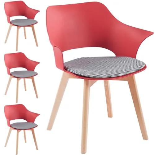 Shally Dogan Juego de 4 sillas para comedor con patas de madera y asiento con suave acolchado y trama a cuadros, silla de diseño nórdico, ideal para dormitorio, cocina y oficina (color rojo)