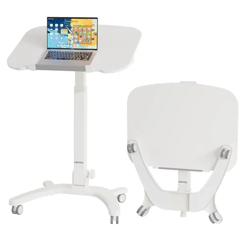 BONTEC Escritorio Plegable con Ruedas, 90° Tablero Plegable, Capacidad 12kg, Mesa Regulable en Altura, 65x50 cm, Ideal para Oficina, Dormitorio y Uso Médico, 4 Ruedas Giratorias, Blanco