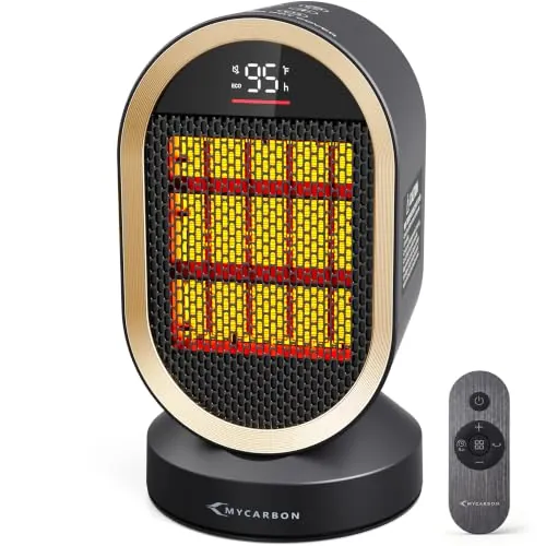 MYCARBON Calefactor Bajo Consumo PTC 1500W, Modo ECO, Display, Osc 80° | Calefactor Baño 3.5 m/s, Pantalla LED, Estufa Portátil con Mando a Distancia, 3 Modos, TEMP 15℃-35℃ , Temporizador 24H