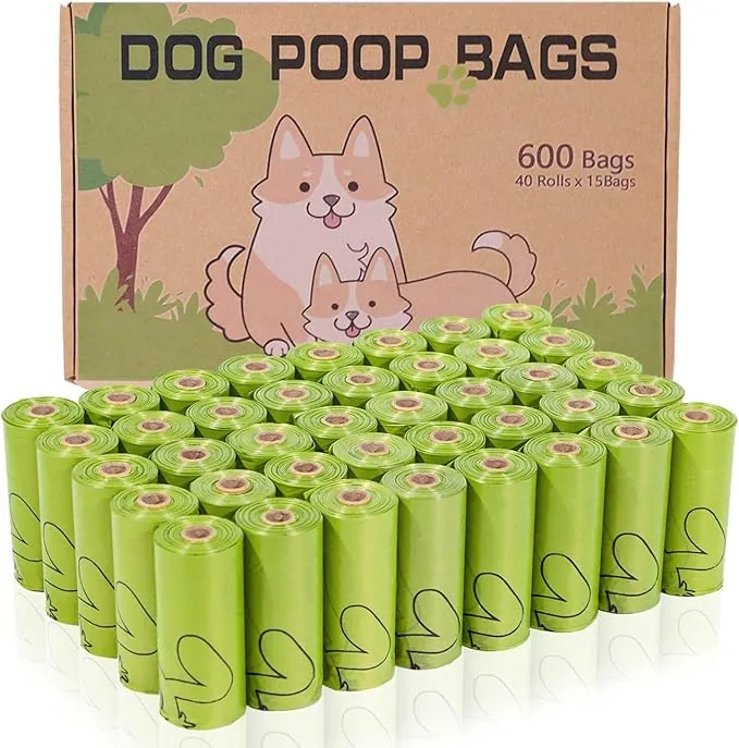 AiTodos® 600 Bolsas para Caca, PET Almidón de Maíz Mixto, Polietileno + Material de Almidón de Maíz Bolsas para Caca Semibiodegradables - 31 x 23 cm - Verde (40 Rollos, 15 Paquetes Cada Uno)
