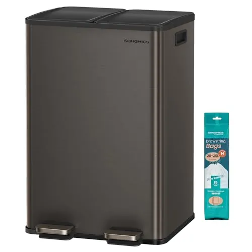 SONGMICS Cubo de Basura de Cocina, 2 x 30 L, 2 Compartimentos, Papelera de Pedal, con Tapa de Cierre Suave y Cubo Interior, Acero Inoxidable, Incluye 15 Bolsas de Basura, Gris Pizarra LTB741G01