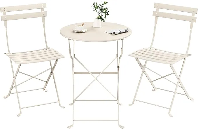 SONGMICS Juego de Jardín de Exterior, 3 Piezas, 2 Sillas y 1 Mesa, Plegable, Salón de Exterior, Acero, Resistente a la Intemperie, para Balcón, Terraza, Beige Capuchino GGF036LZ01