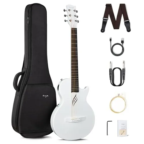 Enya Kit Guitarra Eléctrica Acústica - 1/2 Nova Go SP1 Blanca con pastilla Smart AcousticPlus Pequeña y liviana para niños Adultos Principiantes Set de iniciación Banda de Viaje