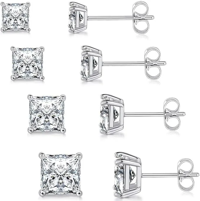 4 pares de Pendientes de Tuerca de Circón Pendientes de Tuerca Hipoalergénicos Cuadrados de Acero Inoxidable de Pendientes de Cartílago con Parte Posterior Plana para Hombres y Mujeres (4-7 mm