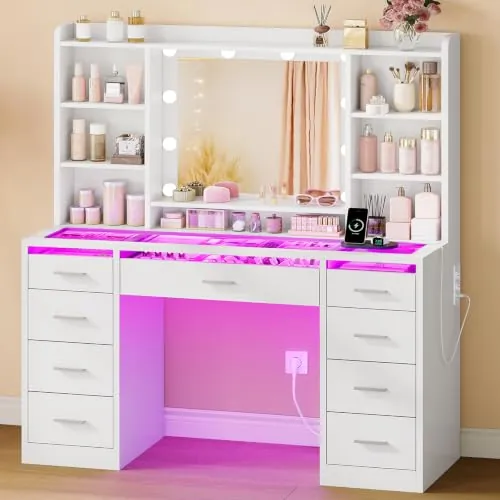 TEENFON Grande Tocador de Maquillaje con Espejo, Luces LED 3 Colores y Brillo Ajustable, Mesa de Maquillaje con RGB Tapa de Cristal y enchufes, 9 Cajones, 6 Estantes Abiertos, Blanco