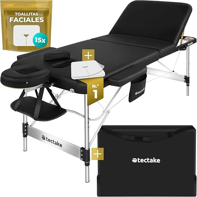 TecTake® Camilla Masaje Plegable y Ajustable en Altura, Camilla Fisioterapia, Estructura Ligera de Aluminio, Camilla Estetica Profesional, Acolchado Resistente al Agua y Aceite - Ancho 78 cm Negro