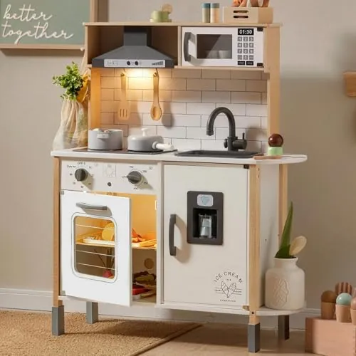 Tiny Land Cocina Juguete para niños con 18 Accesorios de Comida y Utensilios de Cocina de Juguete Juego de Juego de Chef de Madera para niños pequeños con Luces y Sonidos Reales
