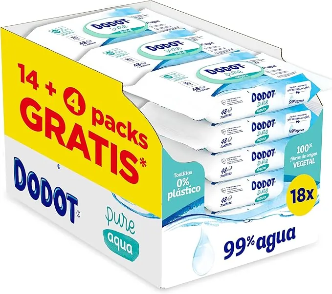 Dodot Toallitas Pure Aqua Para Bebé, 864 Toallitas (18 Packs de 48 Unidades), Ayuda A Restaurar El PH Natural De La Piel, 99% Agua, Sin plástico