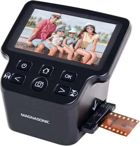 Escáner de Películas Magnasonic Todo en Uno de 24 MP con Pantalla Grande de 5" y HDMI, Convierte Películas 35mm/126/110/Super 8 y Diapositivas 135/126/110 en Fotos Digitales, Memoria Interna (FS71)
