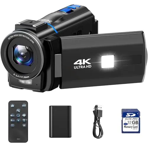 Camcorder 4K 48MP Videocámara Youtube, Visión Nocturna IR Fill Light LED, Webcam Streaming, Pantalla Táctil 3" 270°, Cámara Vlog con 32GB SD Tarjeta, Mando, Remoto