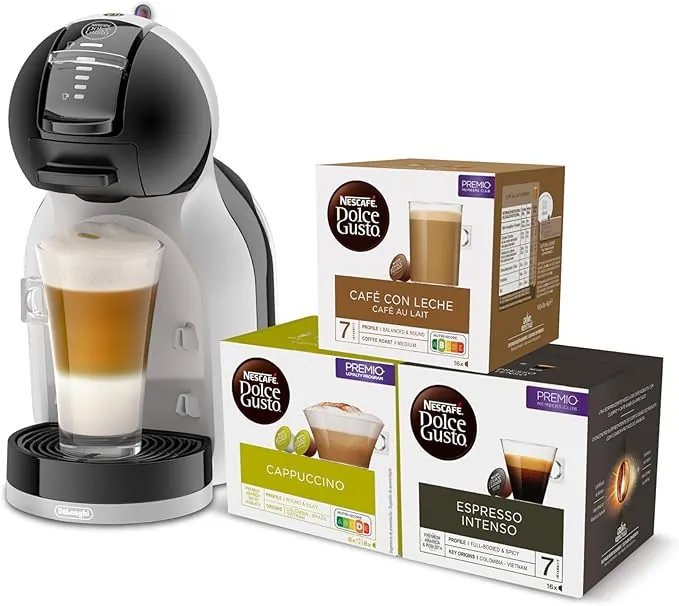 De'Longhi Mini Me Máquina de Café de Cápsulas Dolce Gusto para Café Espresso con 3 packs de café, EDG155.BG, 0,8 L, Color Negro, Gris