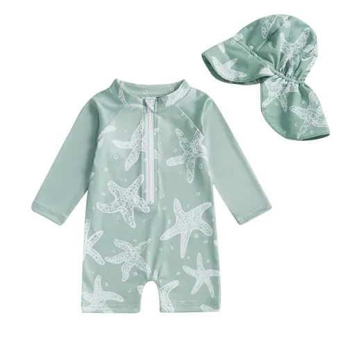 Yoolhamy Traje de Baño para Bebé Niño, Bañador Bebe Pequeños Bañador de Manga Larga con Cremallera para Niños con Gorro de Sol