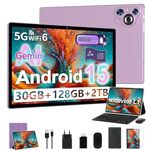 2025 Tablette Android 15 10 Pouces Écran IPS HD [30Go RAM] 128Go + TF 1To - Octo-Core, 8000mAh, Corps intégré en métal, 5MP+8MP, WiFi6, Face ID, Widevine L1 - Tablet Avec Clavier et Souris - Violet