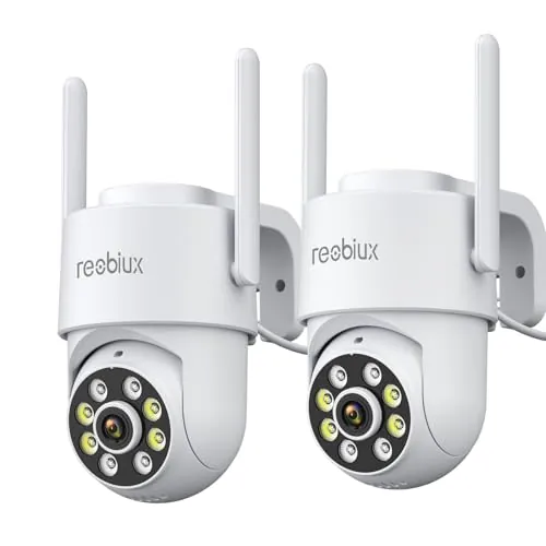 Reobiux Camara Vigilancia WiFi Exterior,2K Impermeable WiFi 2,4 GHz,PTZ 360°,Detección de Movimiento,Visión Nocturna,Audio Bidireccional,Seguridad para Hogar,Garaje y Jardín,5m Cable