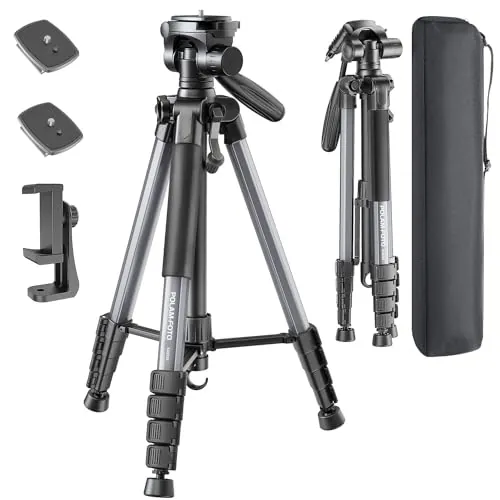 POLAM-FOTO Trípode para cámara de 188 cm, Soporte de trípode Resistente de Aluminio Porfessional, trípode Compacto con Bolsa de Transporte, con Soporte para teléfono （Gris）