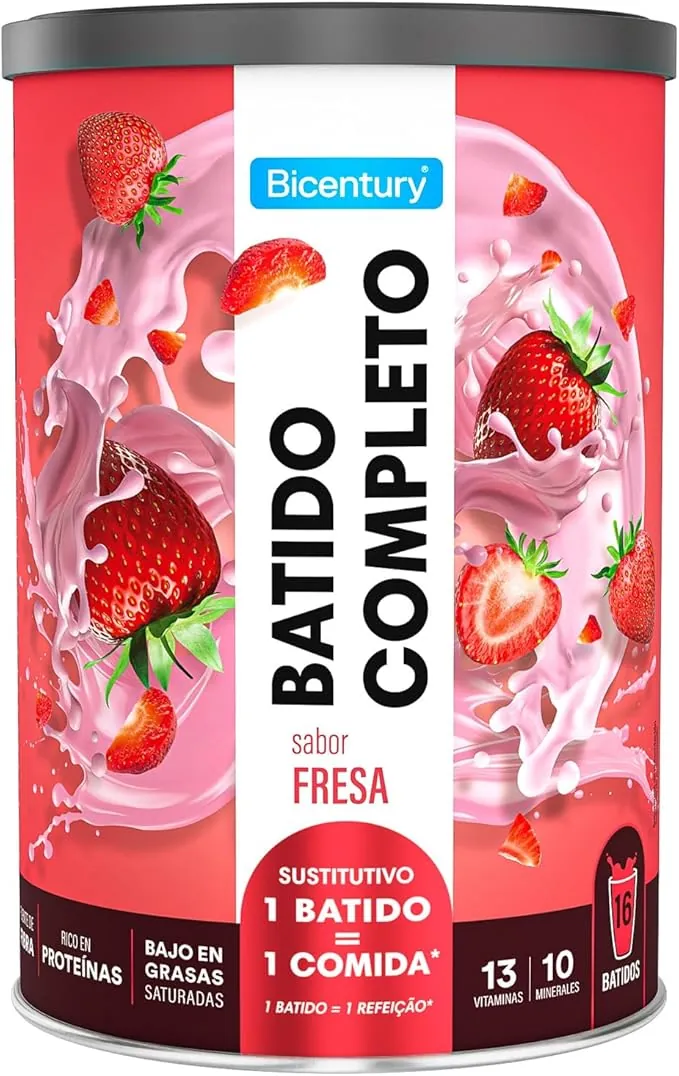 Bicentury Batido Completo Sustitutivo de Comida Sabor Fresa, Rico en Proteínas, Bajo en Grasas, Un batido equivale a una comida completa, 436 g, 16 raciones
