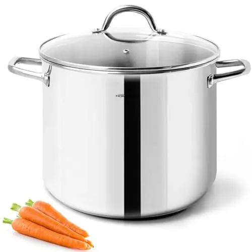 HOMICHEF 24,5 cm 9,5 litros olla de acero inoxidable sin níquel de con tapa de cristal y asa - 9,5 litros Olla de inducción saludable con acabado pulido espejo