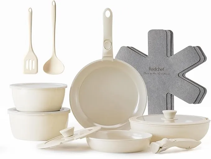 Redchef Juego de sartenes de cerámica antiadherente, 16 piezas, con asas extraíbles, sartén de 20/26 cm, sartén profunda de 26 cm, olla de 18/20 cm, apilable para todo tipo de cocinas, aptas para