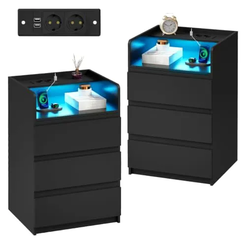 ANWBROAD Mesitas de Noche Pack 2 con Ajustable Tira de Luces LED, Negro