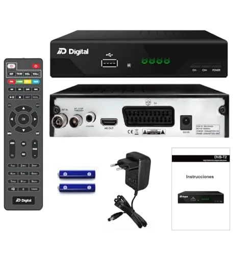TDT HD Receptor T2 Full HD, DM-Digital H.265 10bit, FTA, DVB-T2, USB, HDMI, SCART, USB WiFi Support, Mando a Distancia Universal IR 2en1, Negro, Metal