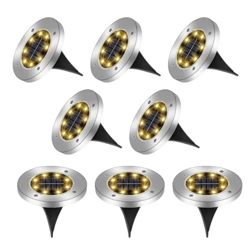 8 Paquetes Luces Solares para el Suelo, 8 LEDs Luz Solar Exterior Jardin, IP65 Impermeable, Luces Solares LED Exterior, para Césped, Terraza, Camino, Escalón, Calzada, Piscina(Blanco Cálido)