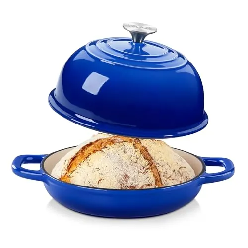 Velaze Olla de Hierro Fundido 4.8L - Cacerola Holandesa Redonda Esmaltada y Antiadherente Ø24cm con Tapa - Para Hacer Pan, Hornear e Inducción (Azul)