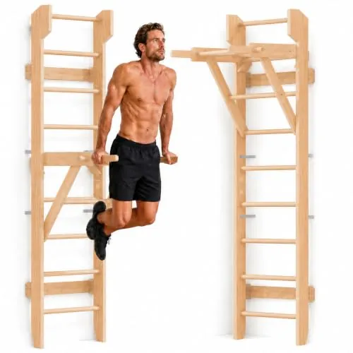 COSYLAND Espaldera de Gimnasio de Madera en Casa con Soporte Extraíble | Escalera sueca de pared en madera maciza, 2,2 m, con barra extraíble de altura ajustable; hasta 100 kg para entrenar en casa
