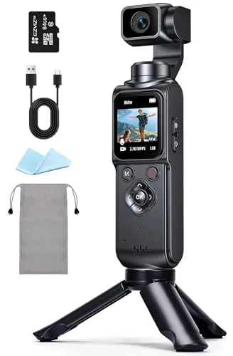 Ruycllo Cámara Deportiva, Cámara Vlog con CMOS 1,72'' – Estabilización de 2 Ejes, Pantalla Táctil 64MP con Tarjeta 64GB, Seguimiento de Caras/Objetivos, Cámara Compacta para Deportes y vlogging, Negro