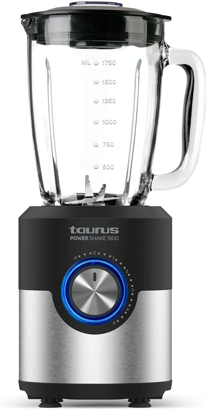 Taurus Power Shake 1600 - Batidora de Vaso, 1600 W, jarra cristal de 1,75L, cuchillas de acero inoxidable de 6 Filos, 5 velocidades + Turbo, ventosas en la base