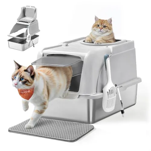 Feandrea Arena Gato, Inoxidable para Gatos con Tapa Abatible, Gris Claro