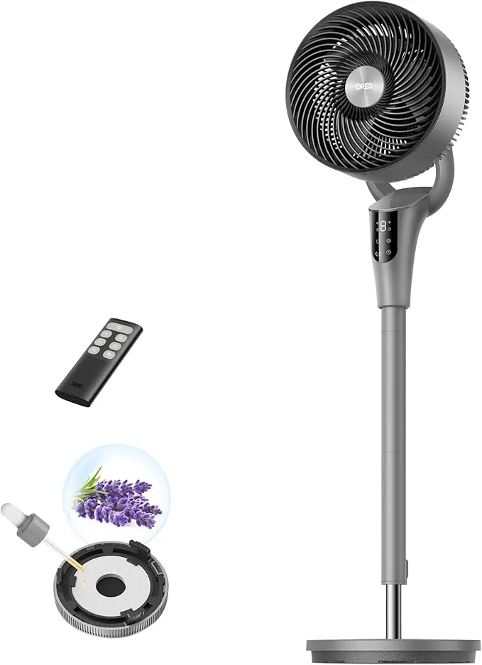 Dreo Ventilador de Pie Silencioso para Dormitorio [Mejorado], Flujo de Aire 27m, 20dB, Oscilación 90°, Motor DC, 8 Velocidades, 3 Modos, Altura 96–106 cm, Temporizador 8H, Inclinación 105°
