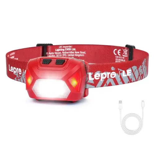 Lepro Linterna Frontal LED Recargable 2000lux | Linterna Cabeza USB Recargable D500, 6 Modos con Luz Rojo, Impermeable IPX4, Frontal para Correr, Camping, Excursión, Rojo