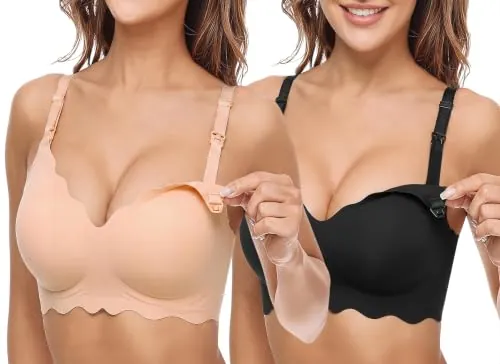 Bresdk Sujetador Lactancia Sin Aros Sujetador Maternidad Negro Beige XXL Pack 2