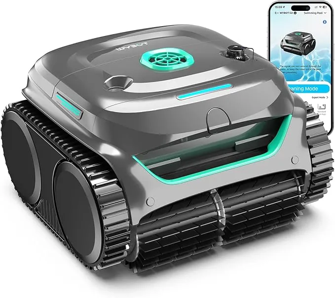 WYBOT C2 Limpiafondos Piscina, Robot Limpiafondos Piscina Inalámbrico 150㎡, Doble Filtración, 3 Motores, Succión Potente, Limpieza Paredes & Línea de Agua, 180 Min, App(Verde Grisáceo Verde)
