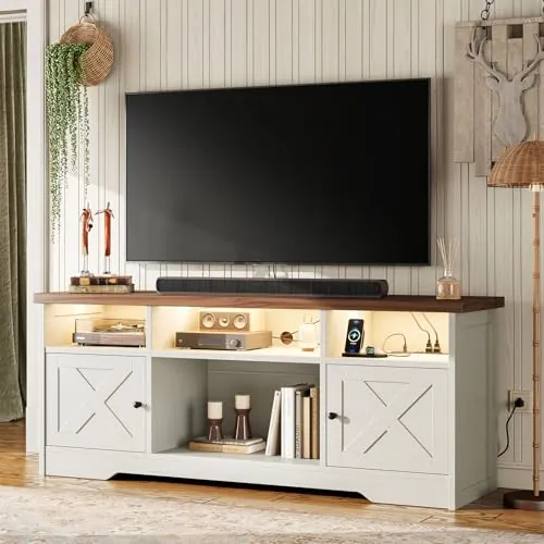 Coleshome Mueble TV Salon Blanco, Mesa TV con Enchufe y USB y LED